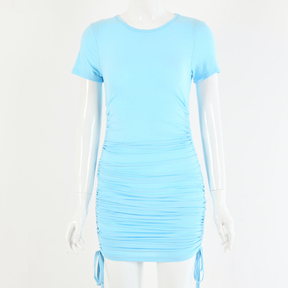 Round neck short sleeve side drawstring cotton dress