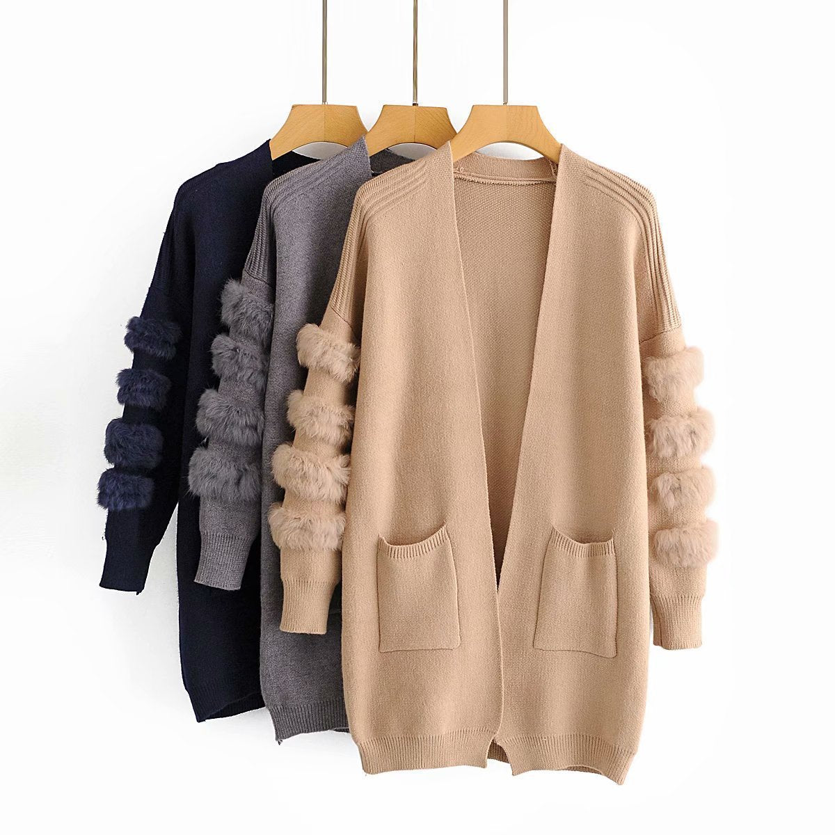 Cardigan long en tricot décoratif en peluche pour femme