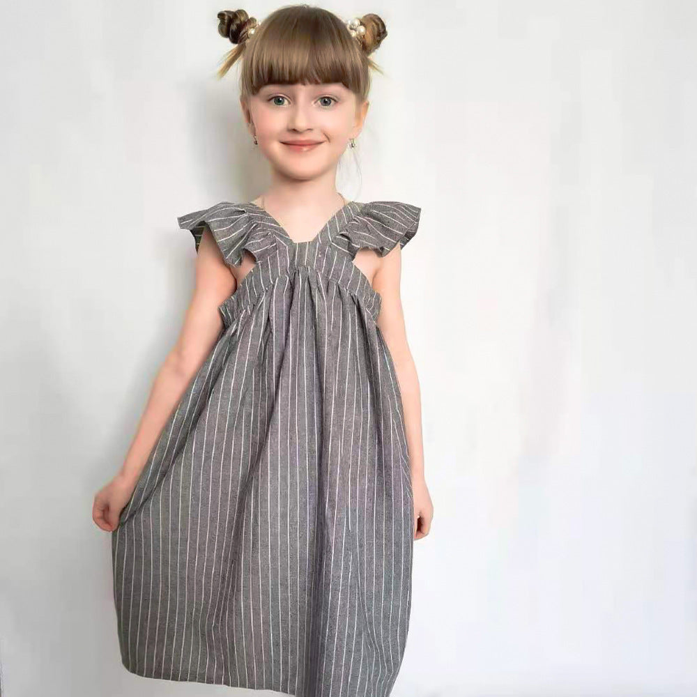 Girls' Ruffled Striped Flying Sleeve Beach Holiday Dress