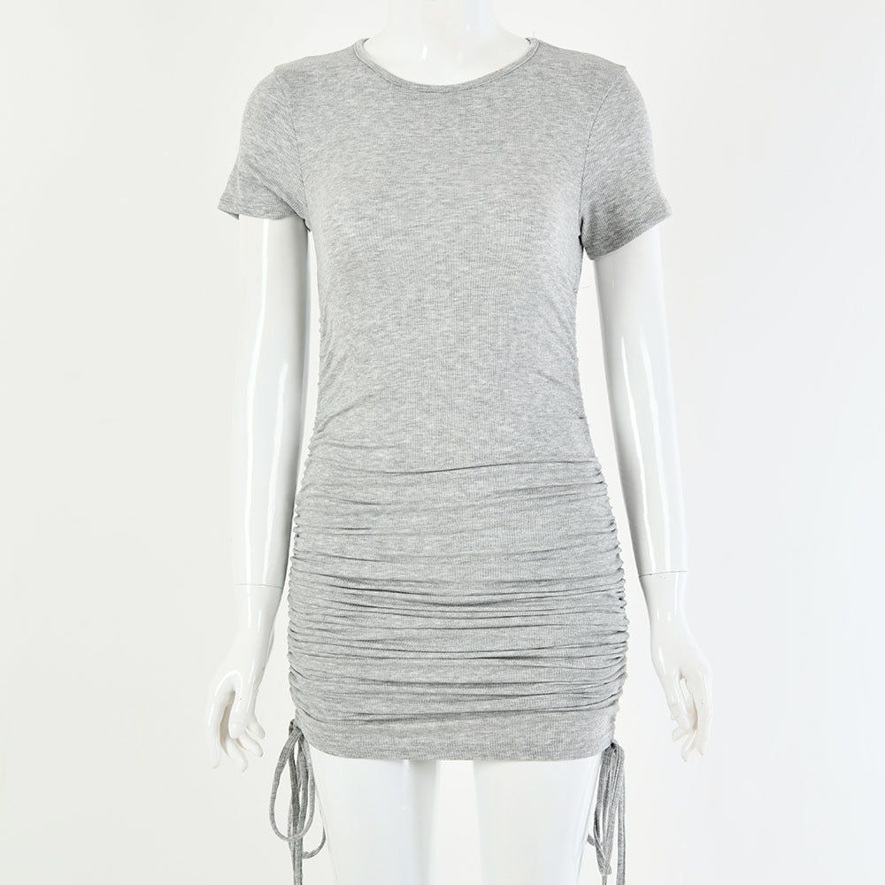 Round neck short sleeve side drawstring cotton dress
