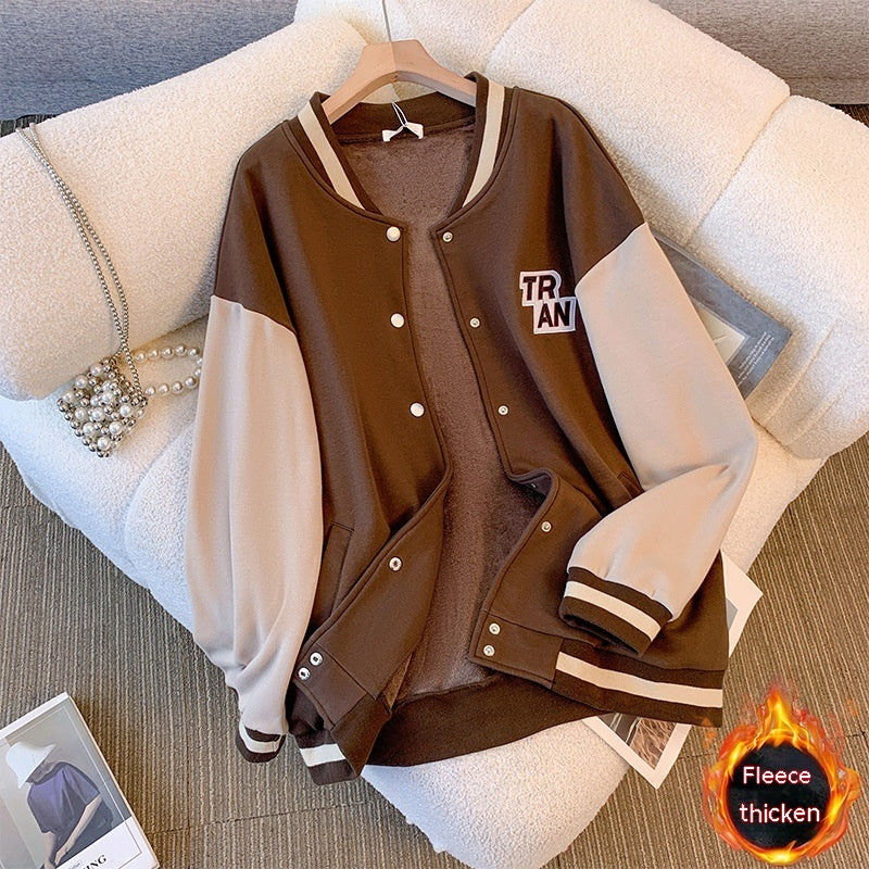 Women's Fleece-lined Thick Baseball Uniform Jacket