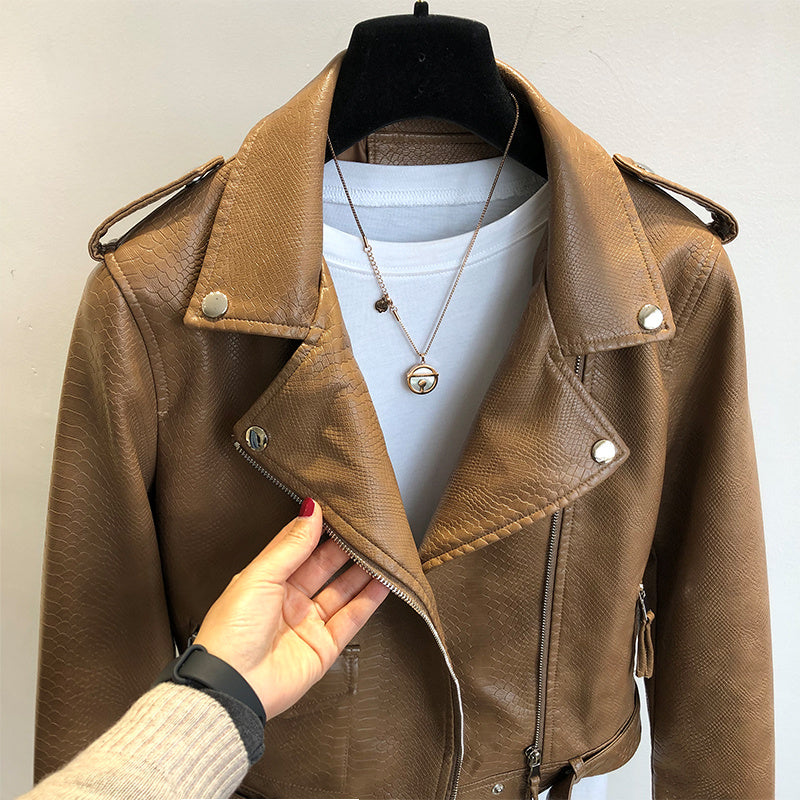 Veste courte en cuir pour femme printemps-automne