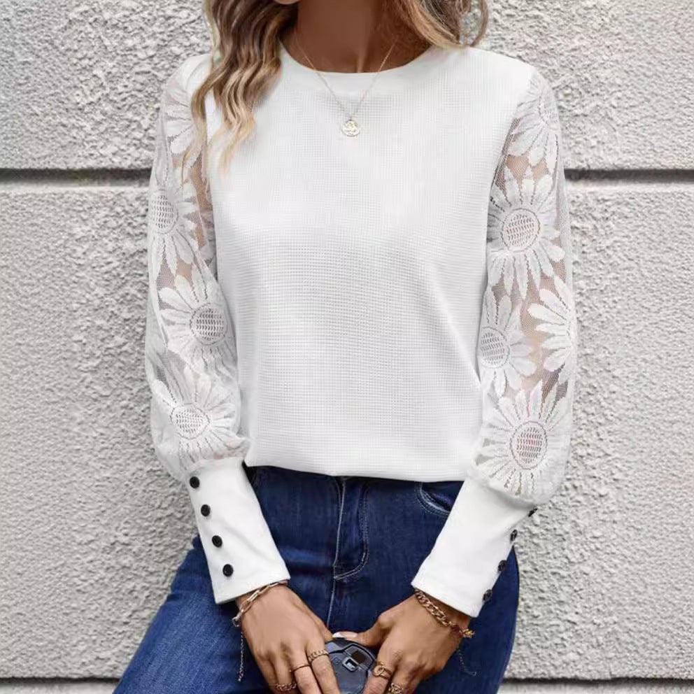 Solid Color Long Sleeve Embroidered Lace Stitching Waffle Crew Neck Top