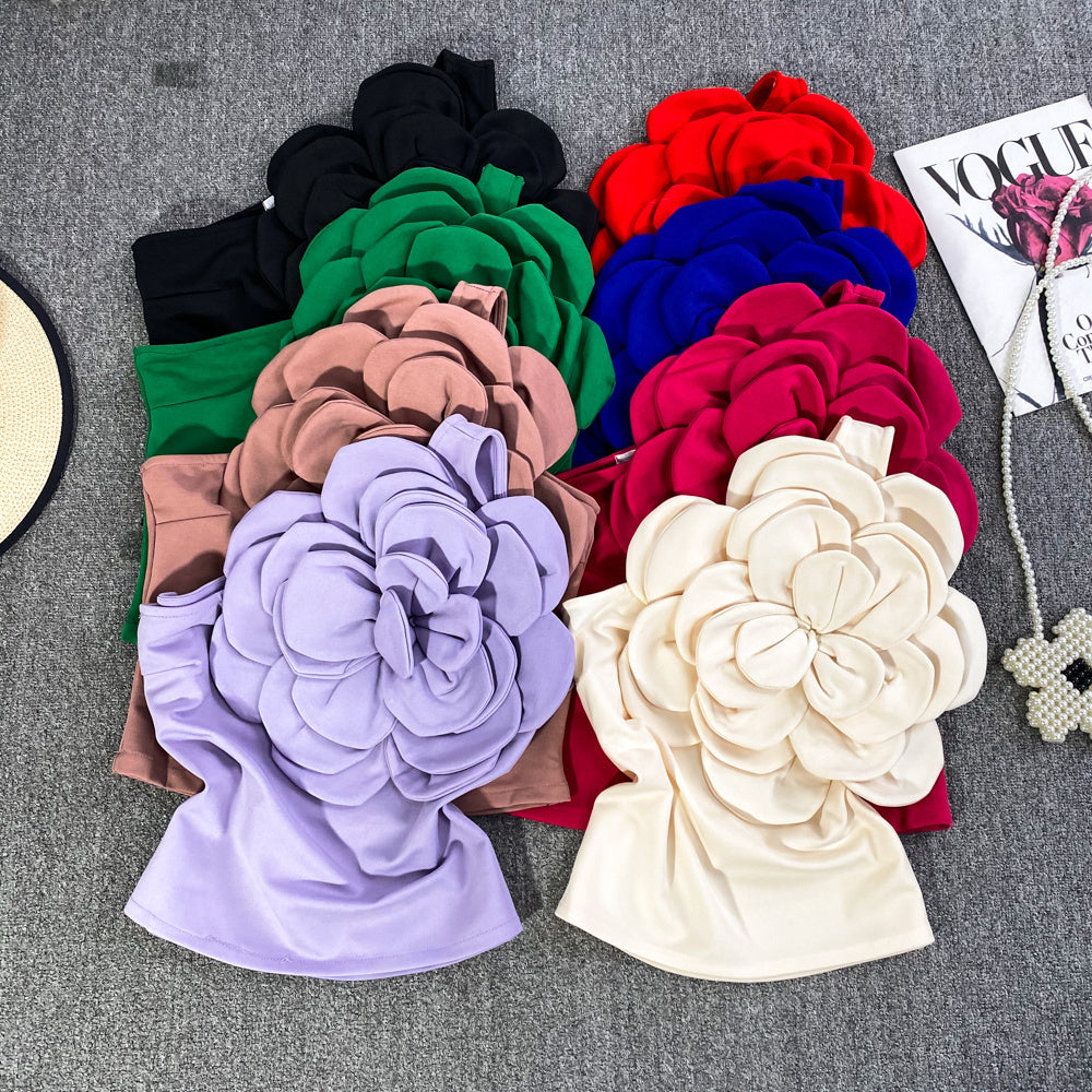 Pure Desire Three-dimensional Large Flower Diagonal Collar One-shoulder Top