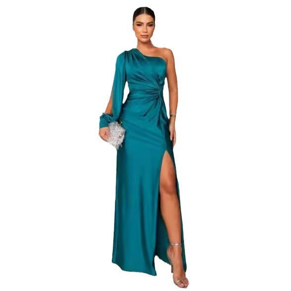 Diagonal Collar Raglan Sleeve Pleated Waist Tight Split Long Dress