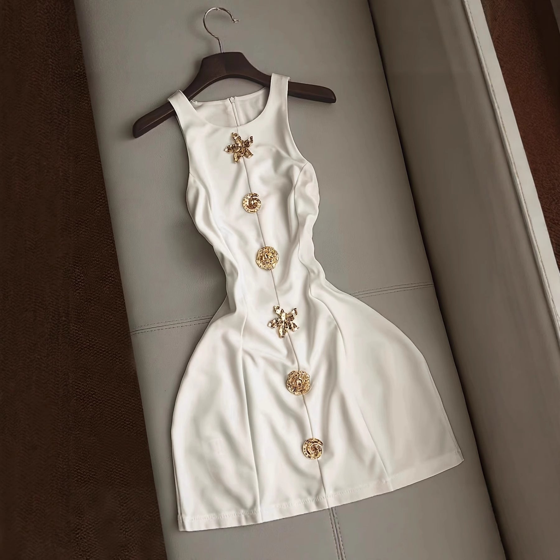 Womens Summer Solid-Color Slim-Fit Mini Dress With A Crew Neck