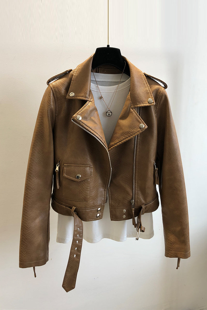 Veste courte en cuir pour femme printemps-automne