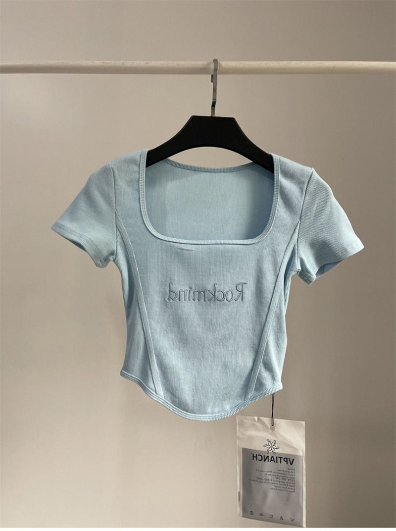 T-shirt court taille haute pour femme, haut court et sexy, moulant, à manches courtes et ourlet incurvé, été