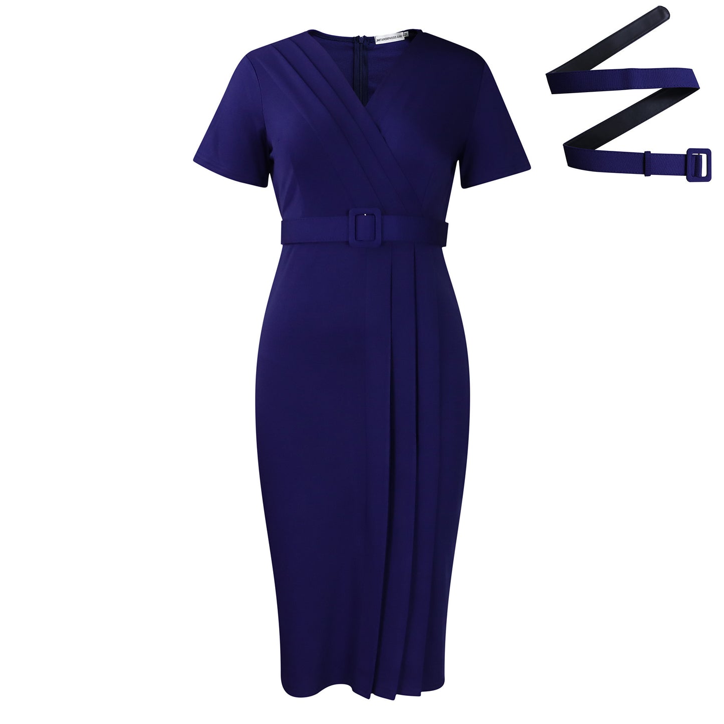 Robe de ville à manches courtes et col en V pour femme, taille ajustée, couleur unie