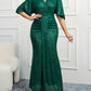 High Waist V-neck Pure Color Sequins Shoulder Sleeve Dress Women's Long Formal Dress