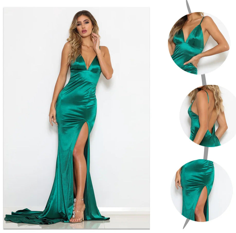 Robe de soirée fendue à col en V pour banquet et réunion annuelle d'entreprise