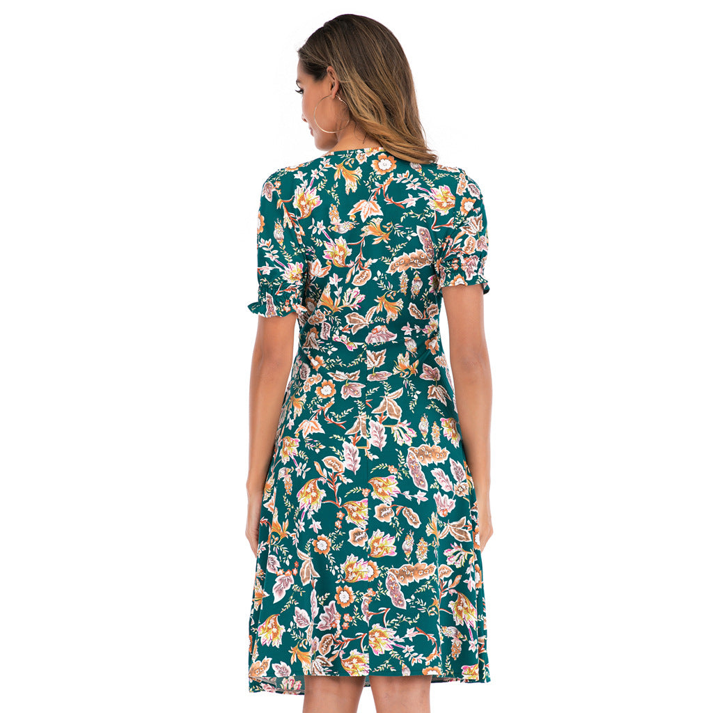 Summer New Bohemian V-neck Printed Dress