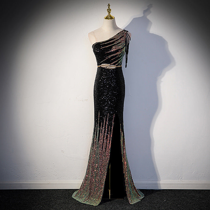Robe femme noble tempérament design sens gland paillettes longue fendue queue de poisson jupe banquet