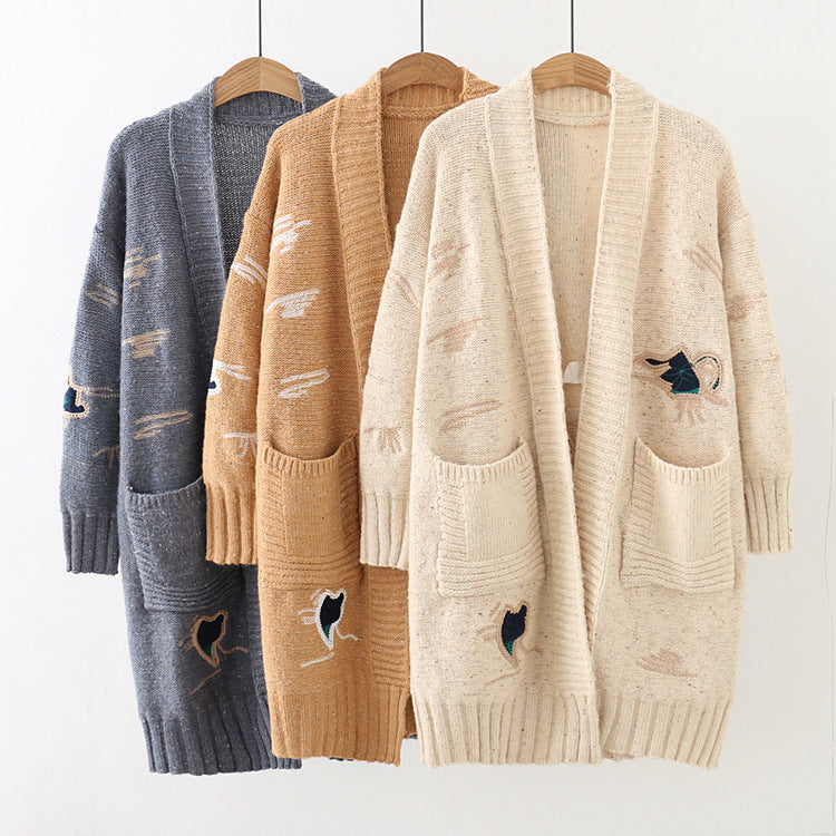 Large Size Embroidery Knitted Long Cardigan Casual Loose Jacket