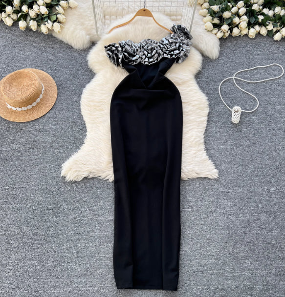 Women's Three-dimensional Flower Off-shoulder Slim Dress