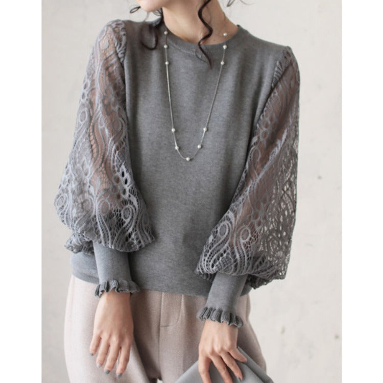 Sheer Yarn Flower Embroidered Sleeve Patchwork Knitting Bottoming Shirt