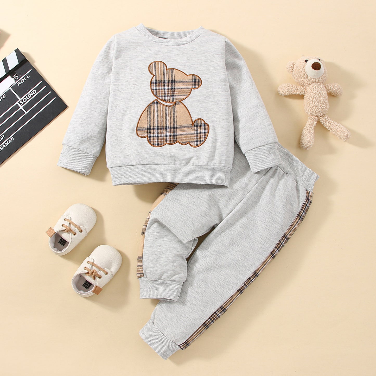 Three Colors Optional New Infant Boys And Girls Autumn Bear Printed Pants Sweater Suit