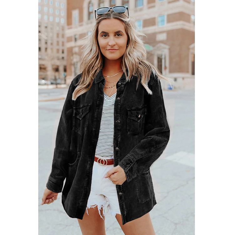 Women's Long Sleeve Solid Color Lapel Mid Shirt Jacket