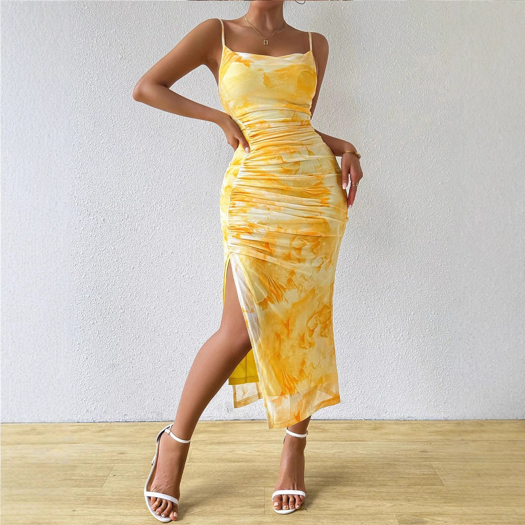 Printed High Waisted Figure Hugging Wrap Skirt With A Slit And A Strapless Design