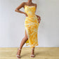 Printed High Waisted Figure Hugging Wrap Skirt With A Slit And A Strapless Design