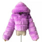 Manteau court à capuche en fausse fourrure à manches longues