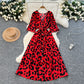 Five-quarter-sleeve Fitted-waist Single-breasted Printed Dress