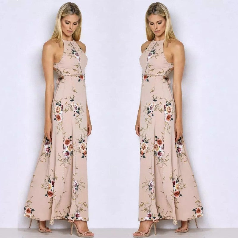 Robe longue sexy dos nu imprimée vintage