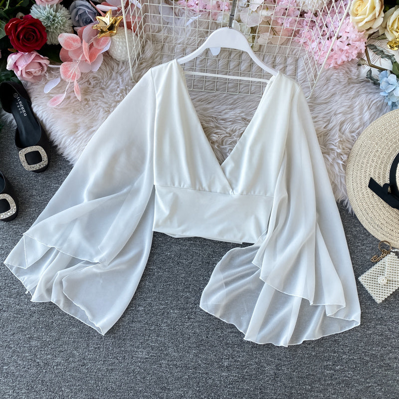 Chiffon Slim Ruffle Sleeve Shirt