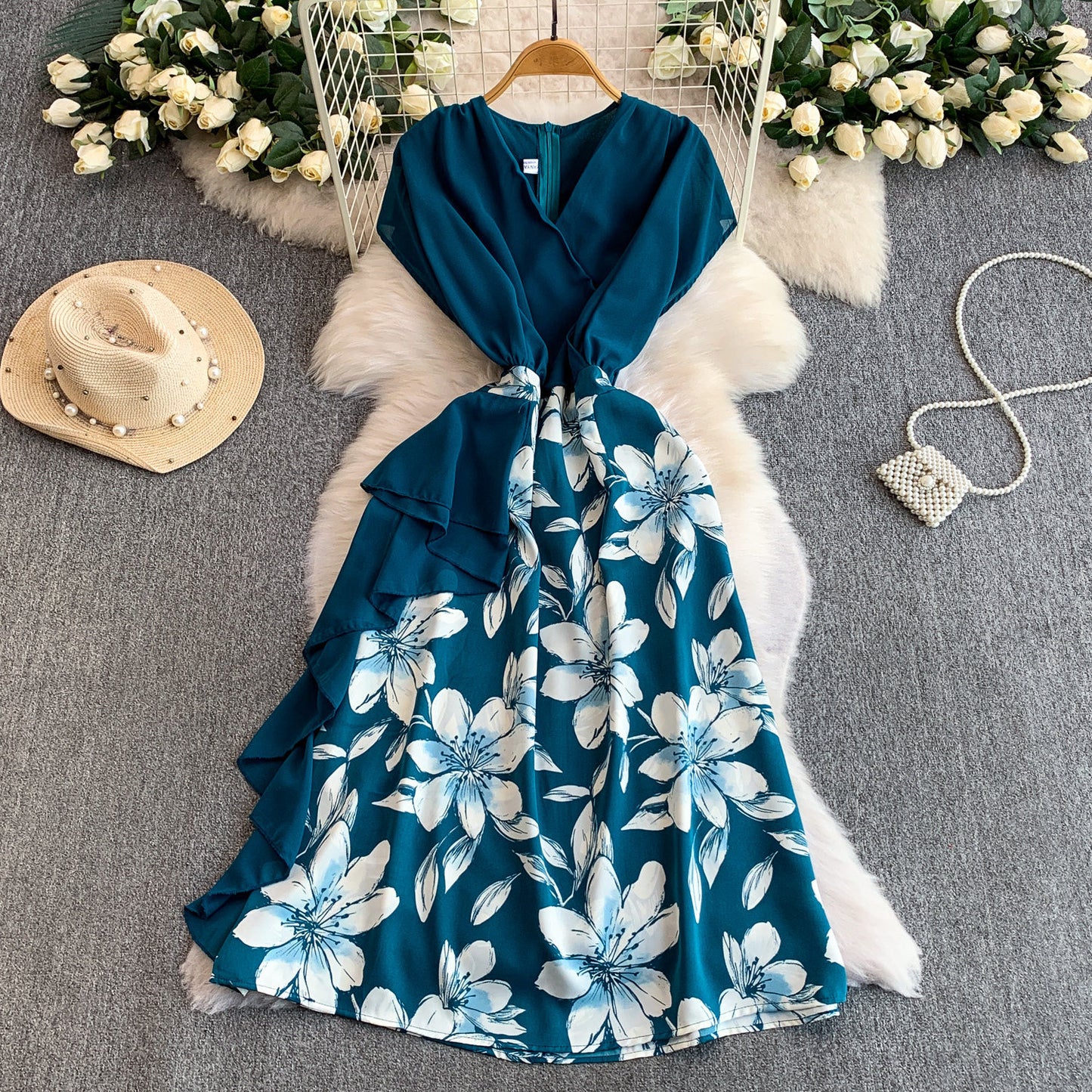 Womens Floral Print V Neck Dress With Ruffled Hem