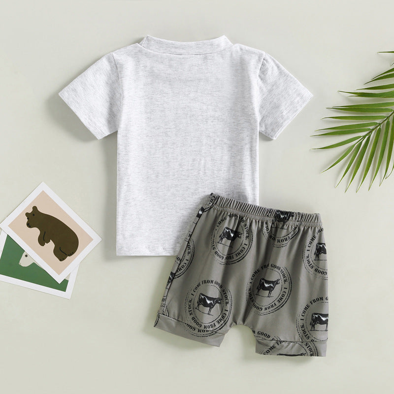 Boys' Printed Letters Round Neck Short Sleeve Shorts Suit