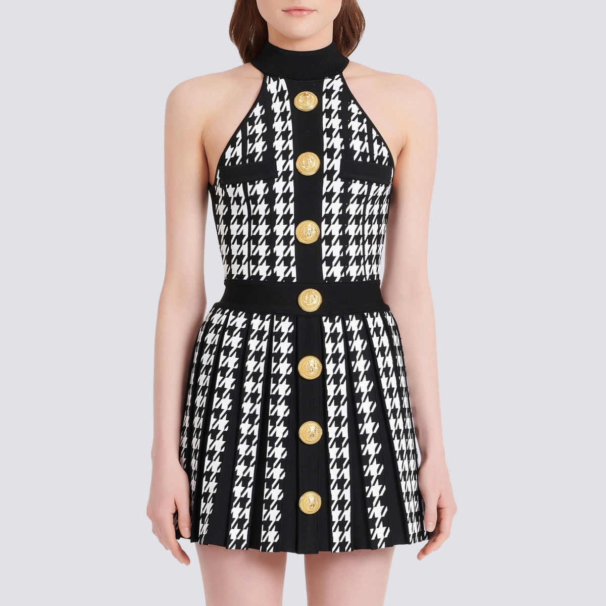 Halter Sleeveless Vest Pleated Houndstooth Short Knitted Dress