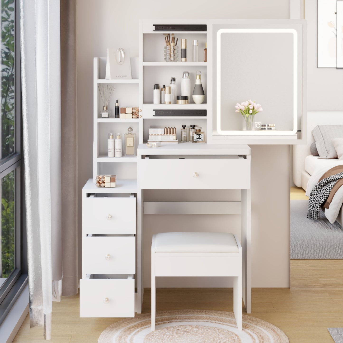 Small Size Left Bedside Cabinet Vanity Table   Cushioned Stool, Extra Large Touch Control Sliding LE