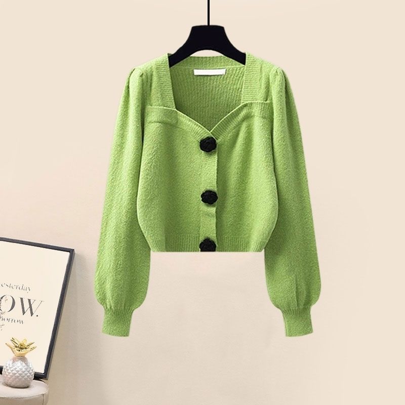 Gentle Puff Sleeve Knit Sweater High Waist Wide Leg Casual Pants Set