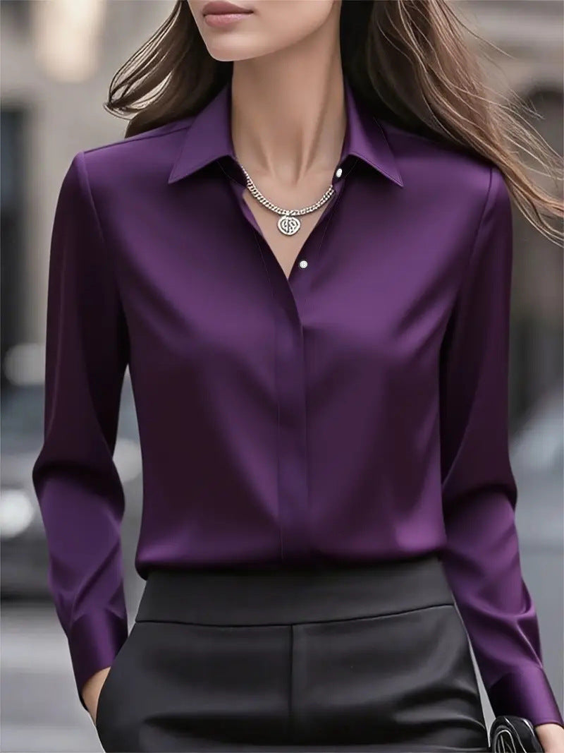 Solid Color Long Sleeve Lapel Satin Blouse