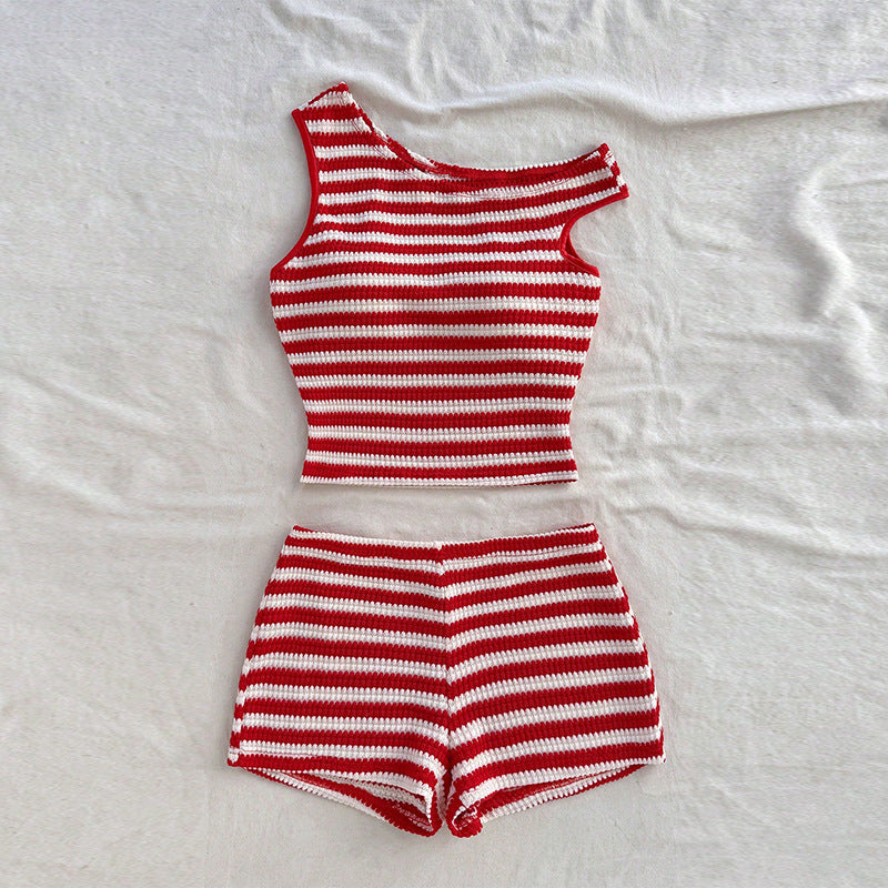 Vacation Style Striped Vest Hip-wrapped Short Suit
