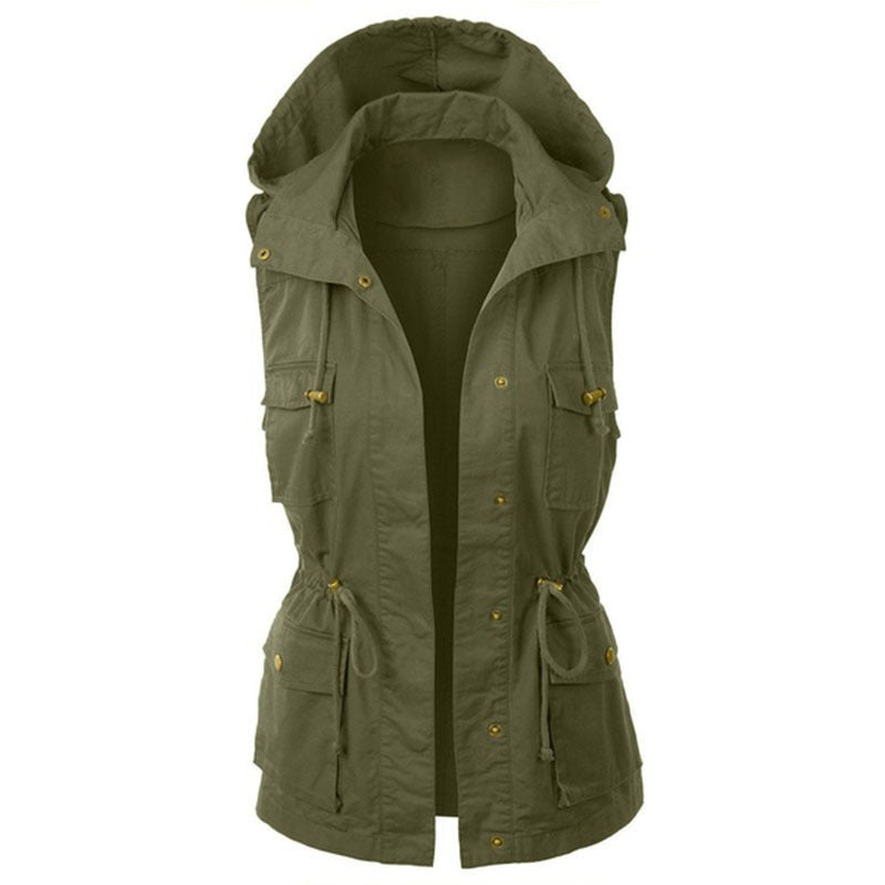 Women's Fashion Solid Color Work Vest Hooded Drawstring Coat