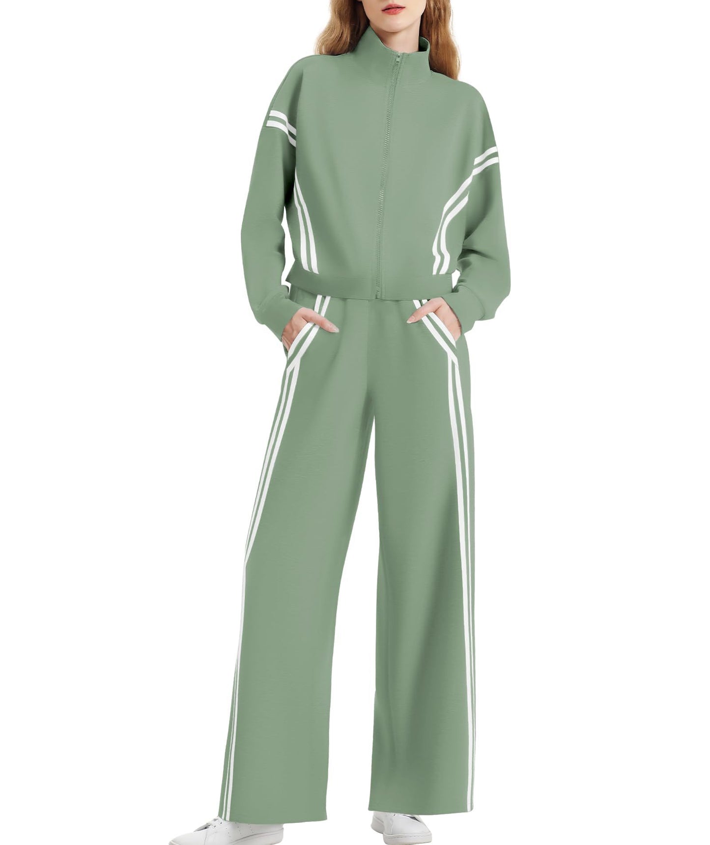 Double Striped Long-sleeve Zipper Pants Pocket Sports Suit