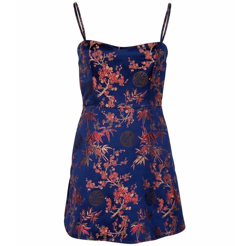 Embroidery Floral Women Dress Kylie Jenner Strapless women party dress Short Chinese Style satin dress vestido vintage Robe