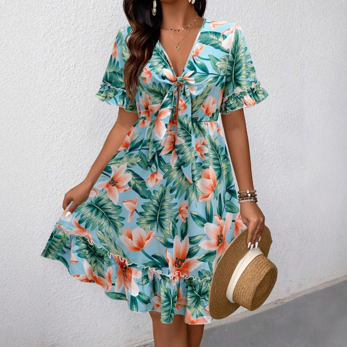 V-neck Floral Print Fashion Dress