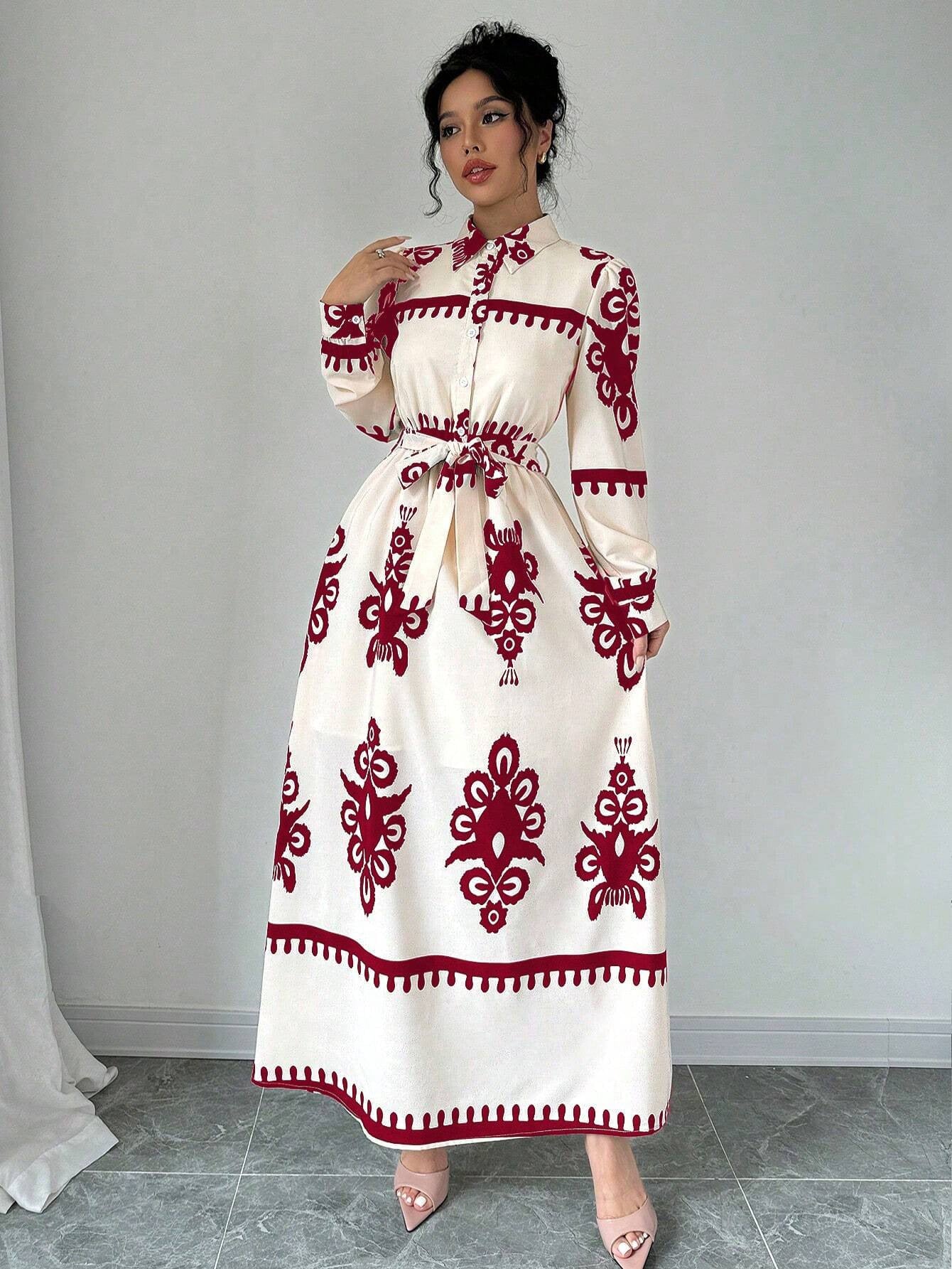 Printed Lace Up European And American Elegant Dress