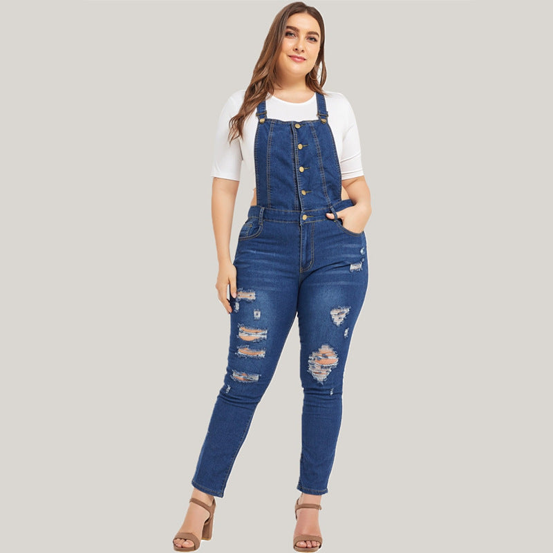 Ripped denim overalls