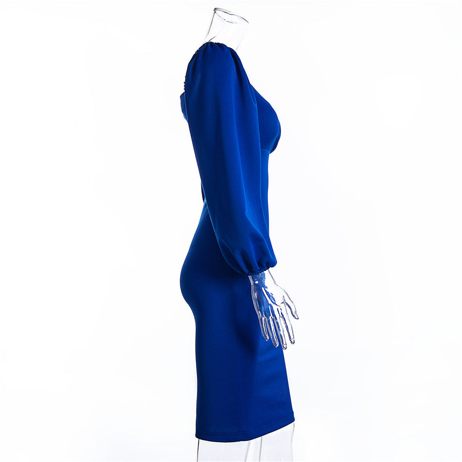 Waist puff sleeve stretch cotton dress