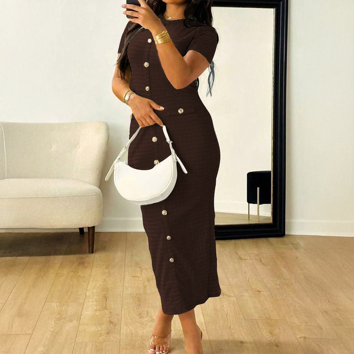 Elegant And Sophisticated Buttoned Short-Sleeve Sheath Dress For Women