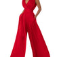 Solid Color And V-neck High Waist Wide Leg Jumpsuit