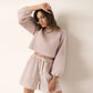Ensemble haut court à lacets et manches longues pour femme, col rond, tendance