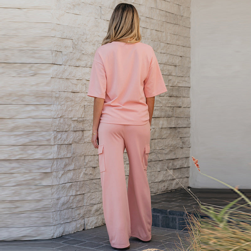 Spring And Summer New Solid Color Short Sleeve Two-piece Set Women's Casual