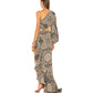 Robe à épaules inclinées et motif floral irrégulier à motif feuille de lotus pour femme
