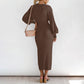Elegant Retro Lightly Mature Lantern Sleeve V-neck Solid Color Knitted Sweater Dress