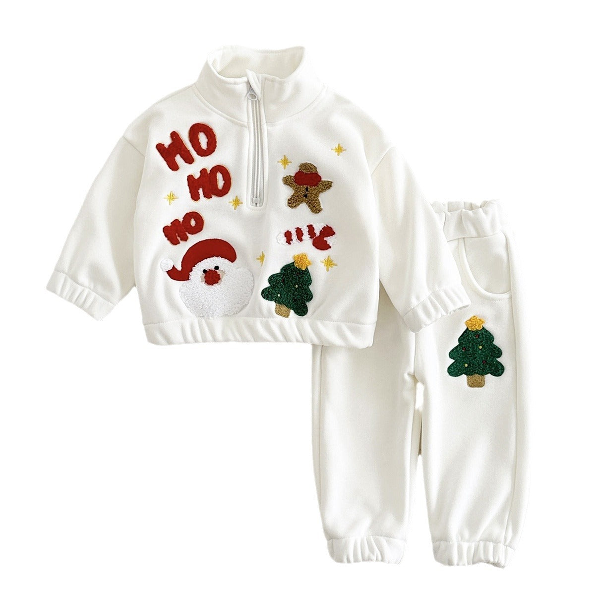 Fleece-lined Thickened Christmas Embroidered Stand Collar Sweater Trousers Suit