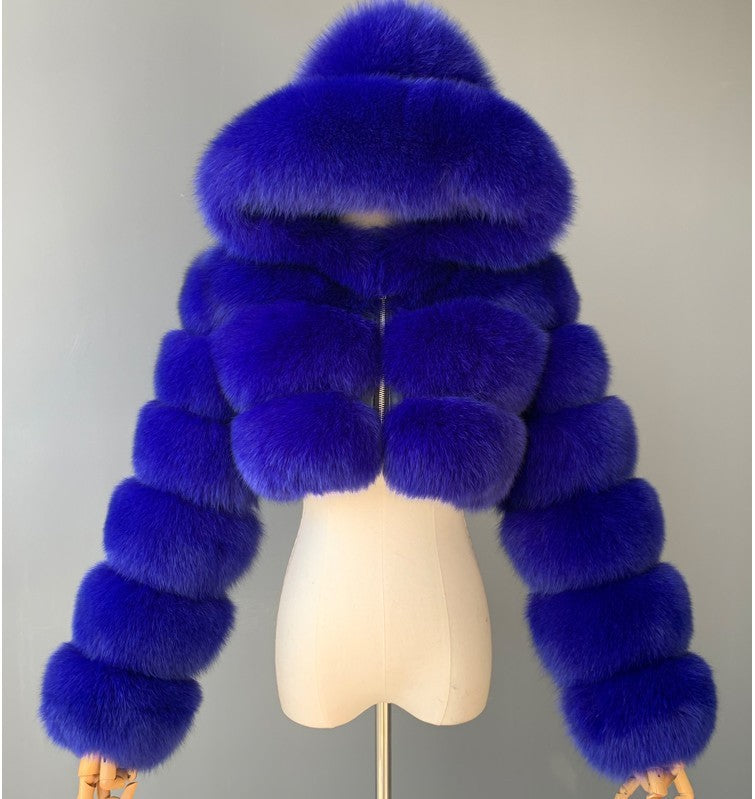 Manteau court à capuche en fausse fourrure à manches longues